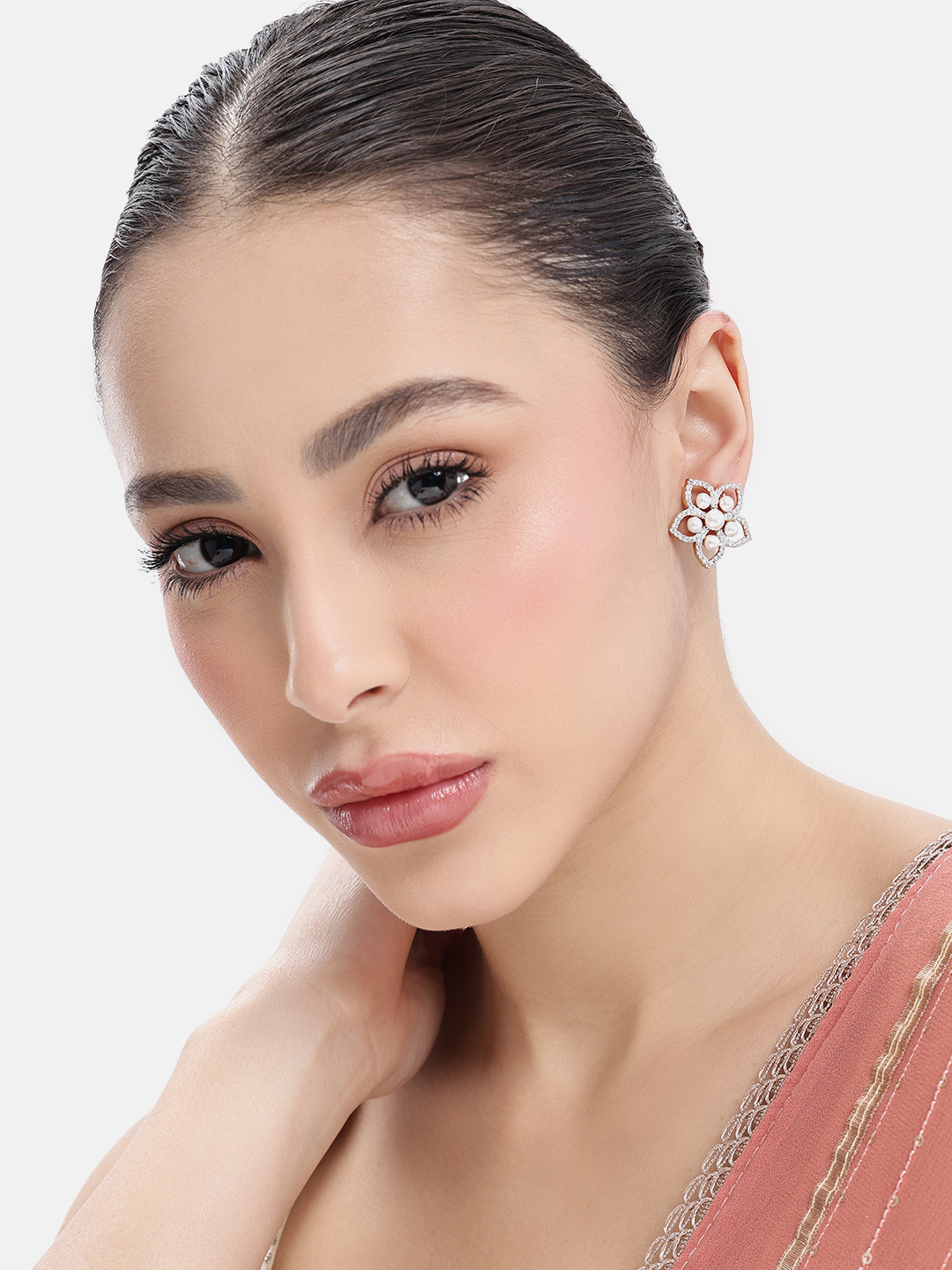 Lavish Giftz Gold Plated Floral Shape Faux Pearl Oversized Stud Earrings