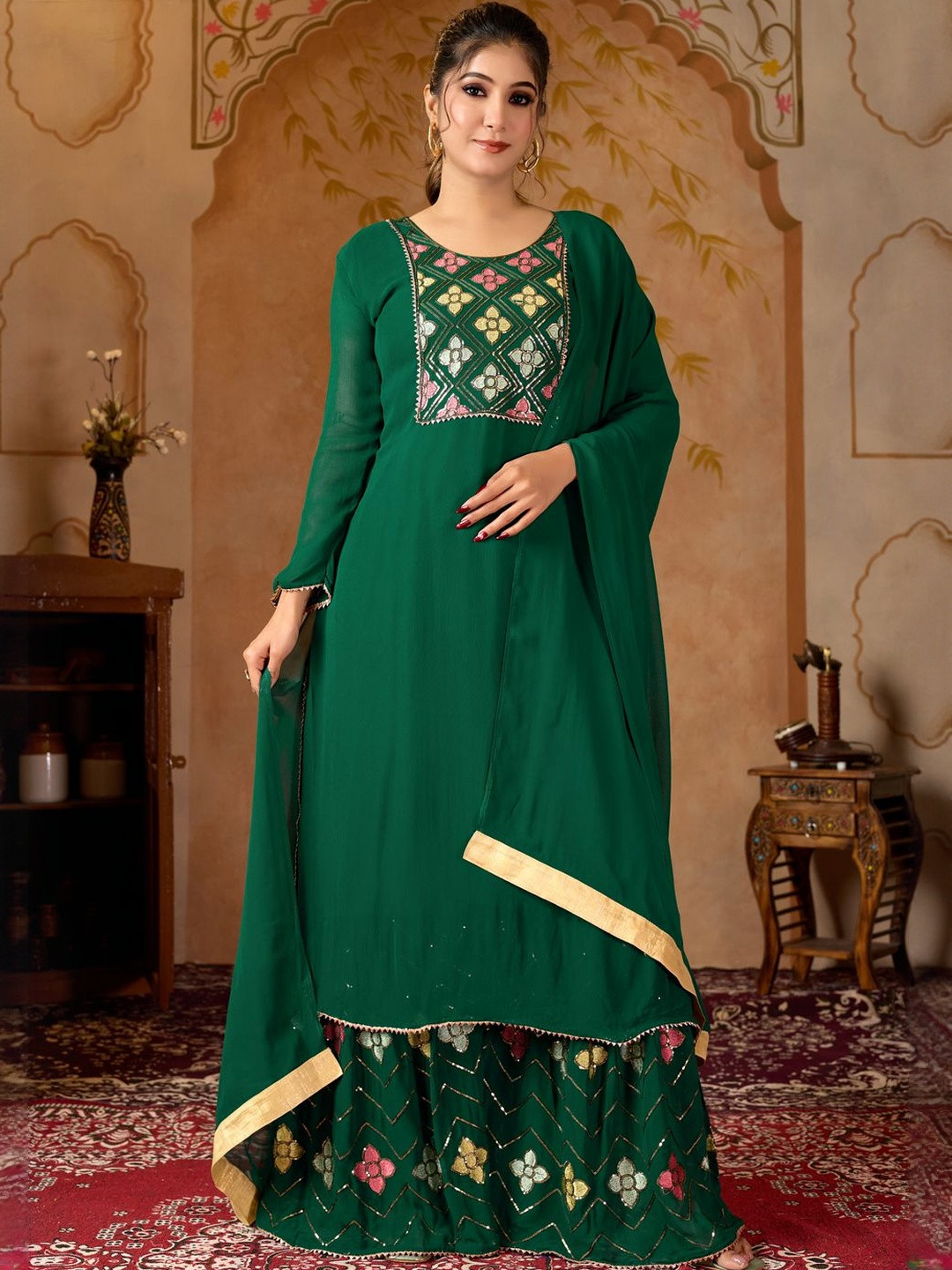 Maavish Women Ethnic Motifs Embroidered Regular Patchwork Kurta with Sharara & Dupatta