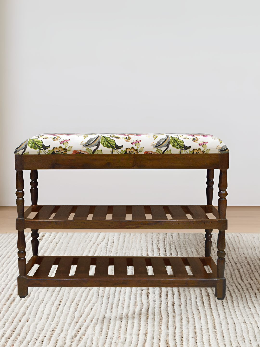 GLOBALLY INDIAN Amber Brown & White Printed Wooded 2-Tier Shoe Stand