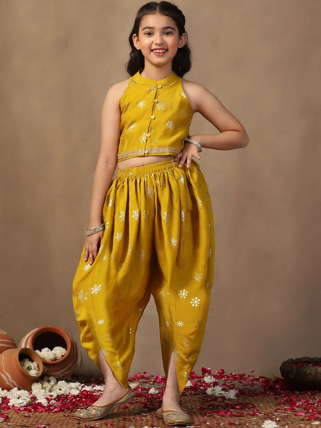 BAESD Girls Ethnic Motifs Foil Printed Band Collar Crop Top and Dhoti Pants