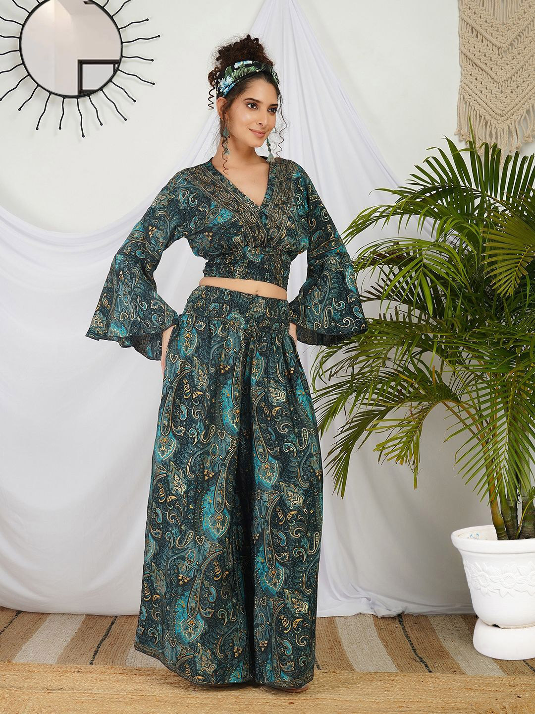 Boholyfe Amira Ocean Whirl Printed V-Neck Top With Palazzo Co-Ords