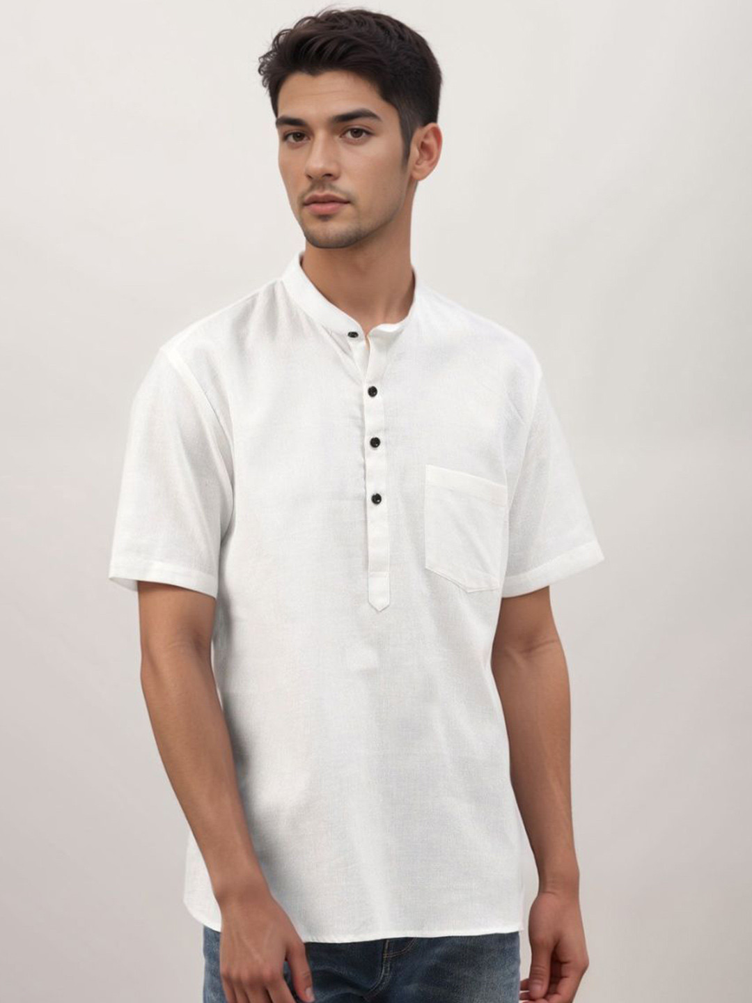 Darbar inn Band Collar Short Sleeves Pure Cotton Straight Kurta