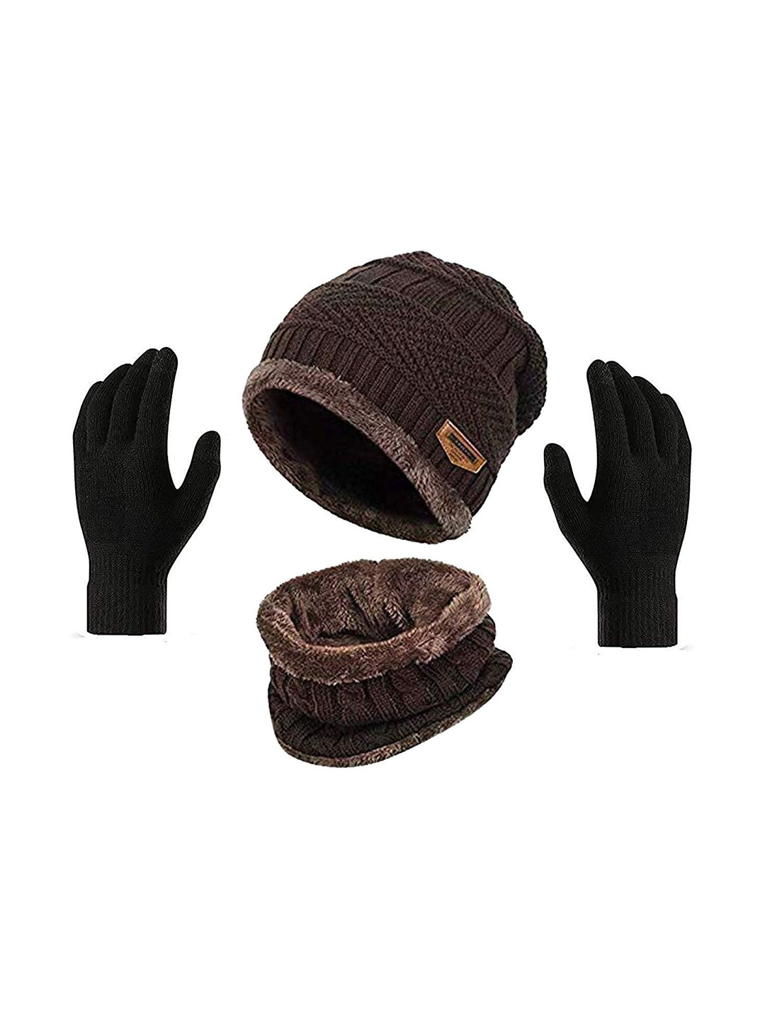 Navkar Crafts Unisex Brown & Black Woolen Beanie & Neck Warm Scarf With Gloves