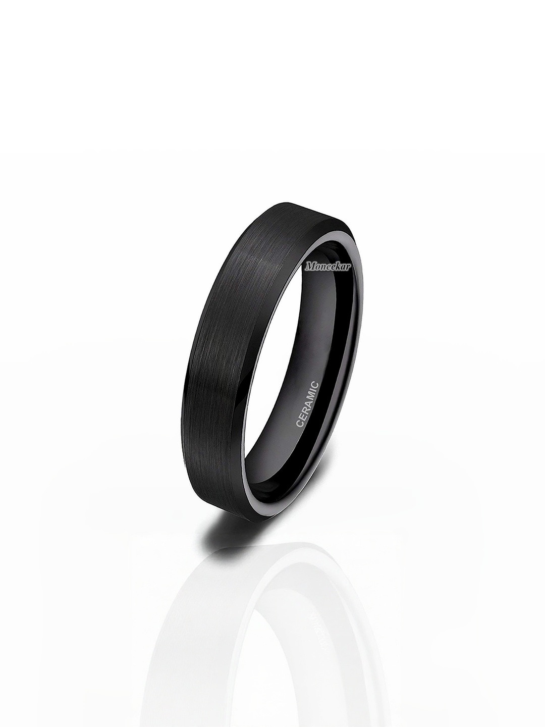 Moneekar Jewels Unisex Stainless Steel Bevelled Ceramic Black Finger Ring
