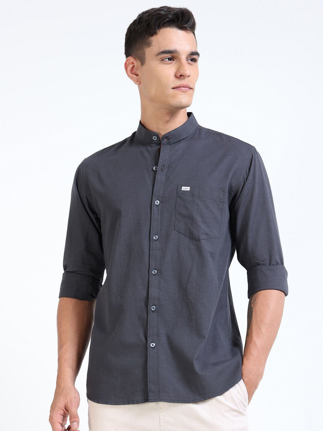 U.S. PITCHERS Men Standard Slim Fit Solid Mandarin Collar Casual Shirt