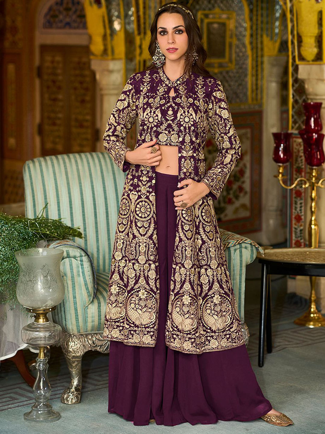 House of Pataudi Floral Embroidered Georgette Crop Top With Sharara & Shrug