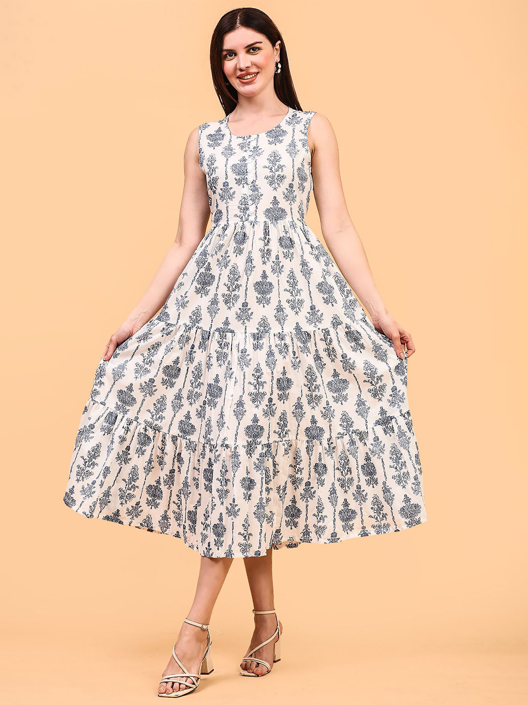 AKANYA Floral Printed Gathered or Pleated Round Neck Sleeveless A-Line Midi Dress