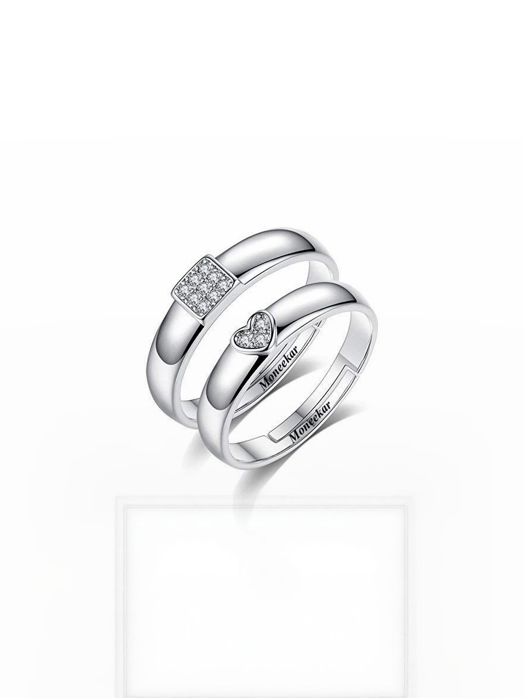 Moneekar Jewels Unisex Set of 2 Silver-Toned Adjustable Cubic Zirconia Couple Finger Rings