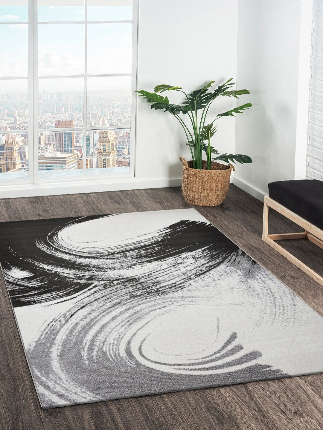 OBSESSIONS Charcoal And White Abstract Printed Carpet