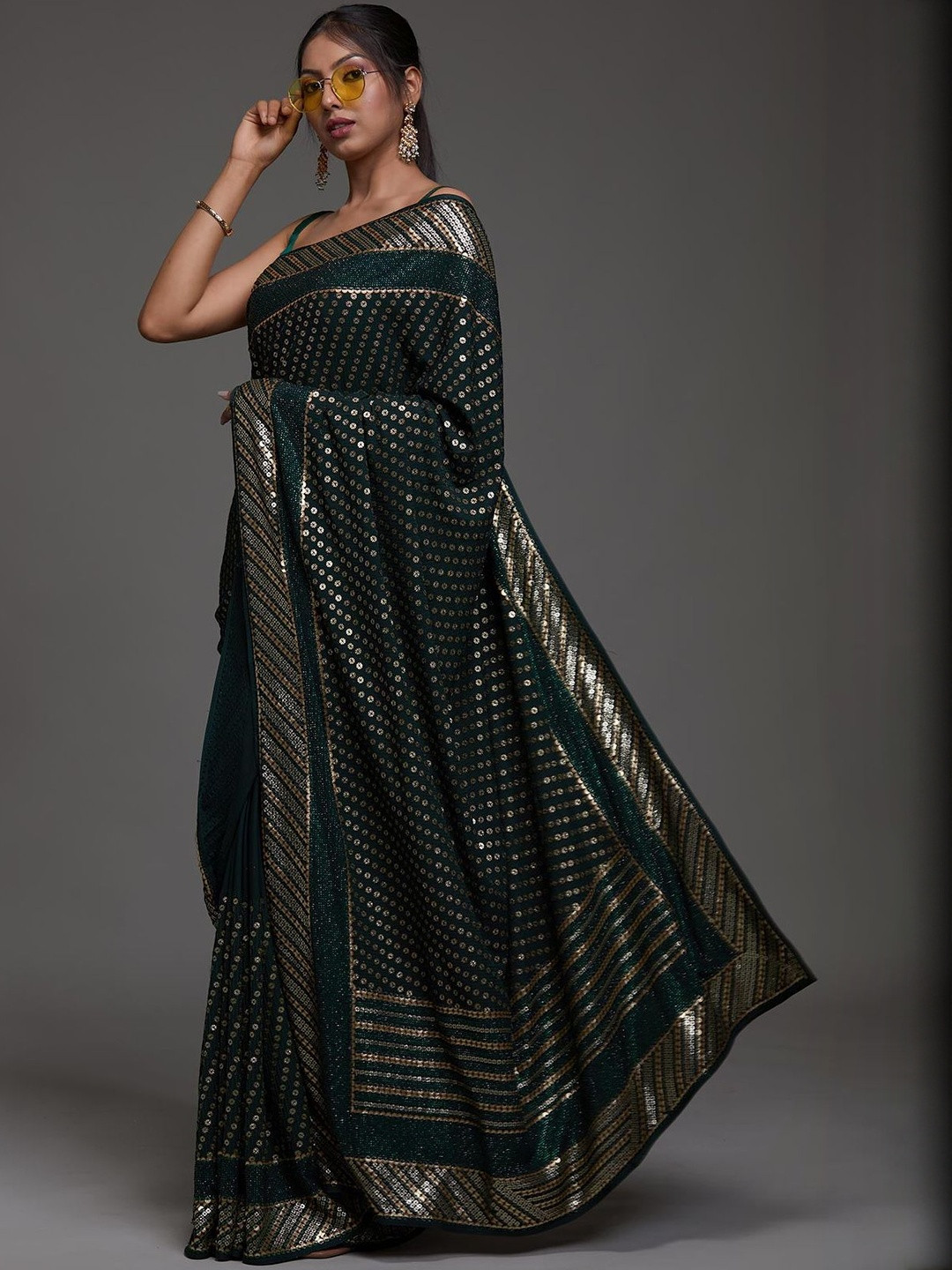 ETHNIC PLUS Sequins Embroidered And Swarovski Work Georgette Saree with Blouse