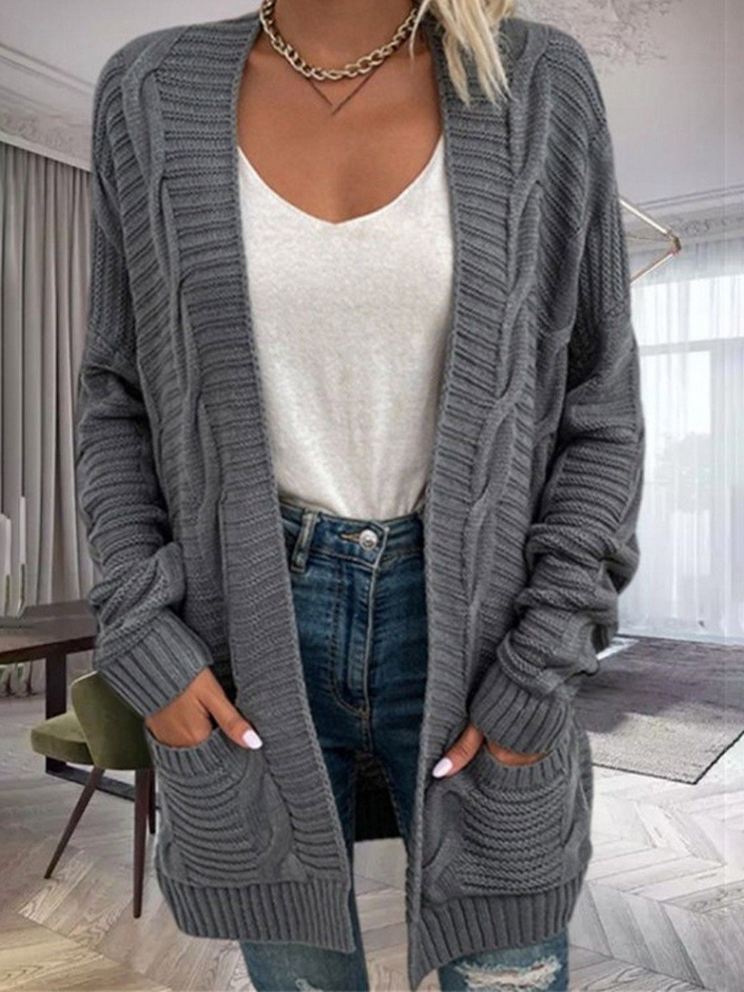 StyleCast Women Cable Knit Longline Cardigan with Pockets