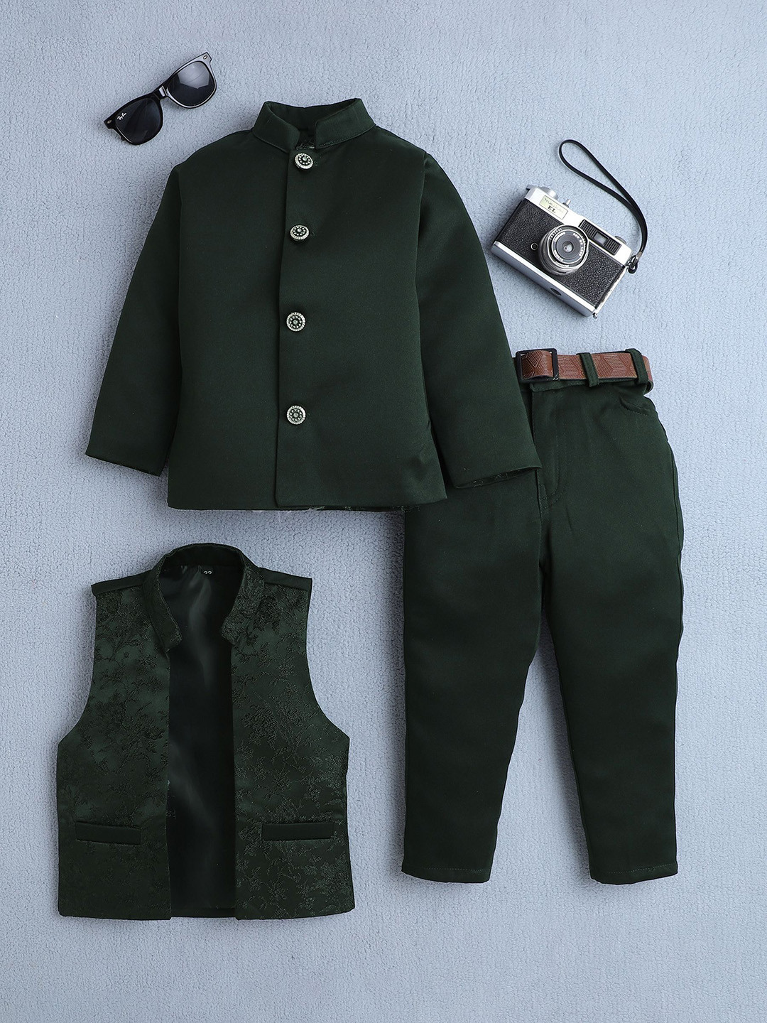 FOURFOLDS Boys Woven Design Jacquard Indo Western Jodhpuri 3 Piece Suit