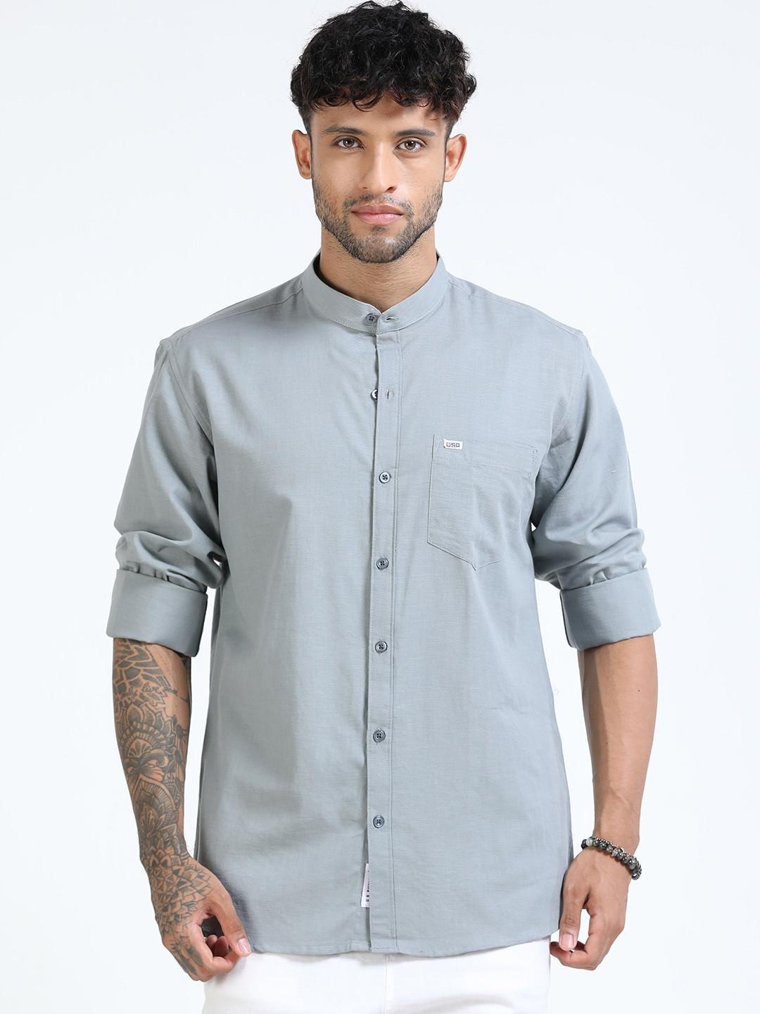 U.S. PITCHERS Men Regular Fit Solid Mandarin Collar Casual Shirt