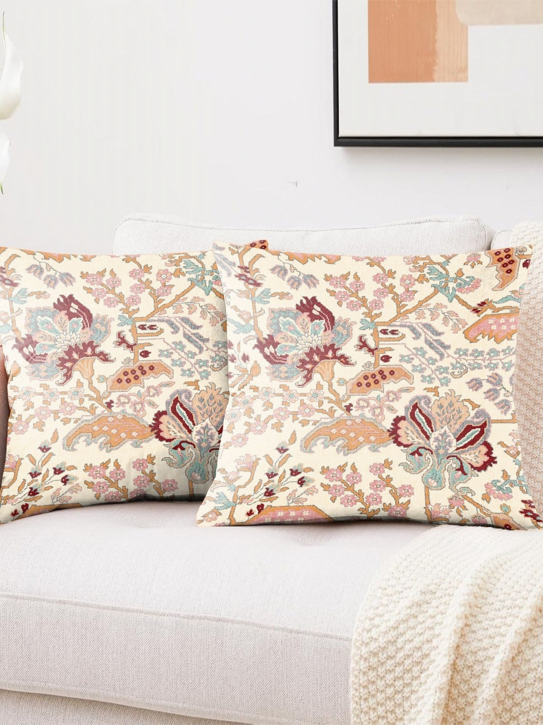 CASABLEU Premium Magma Red 2 Pieces Floral Square Cushion Covers