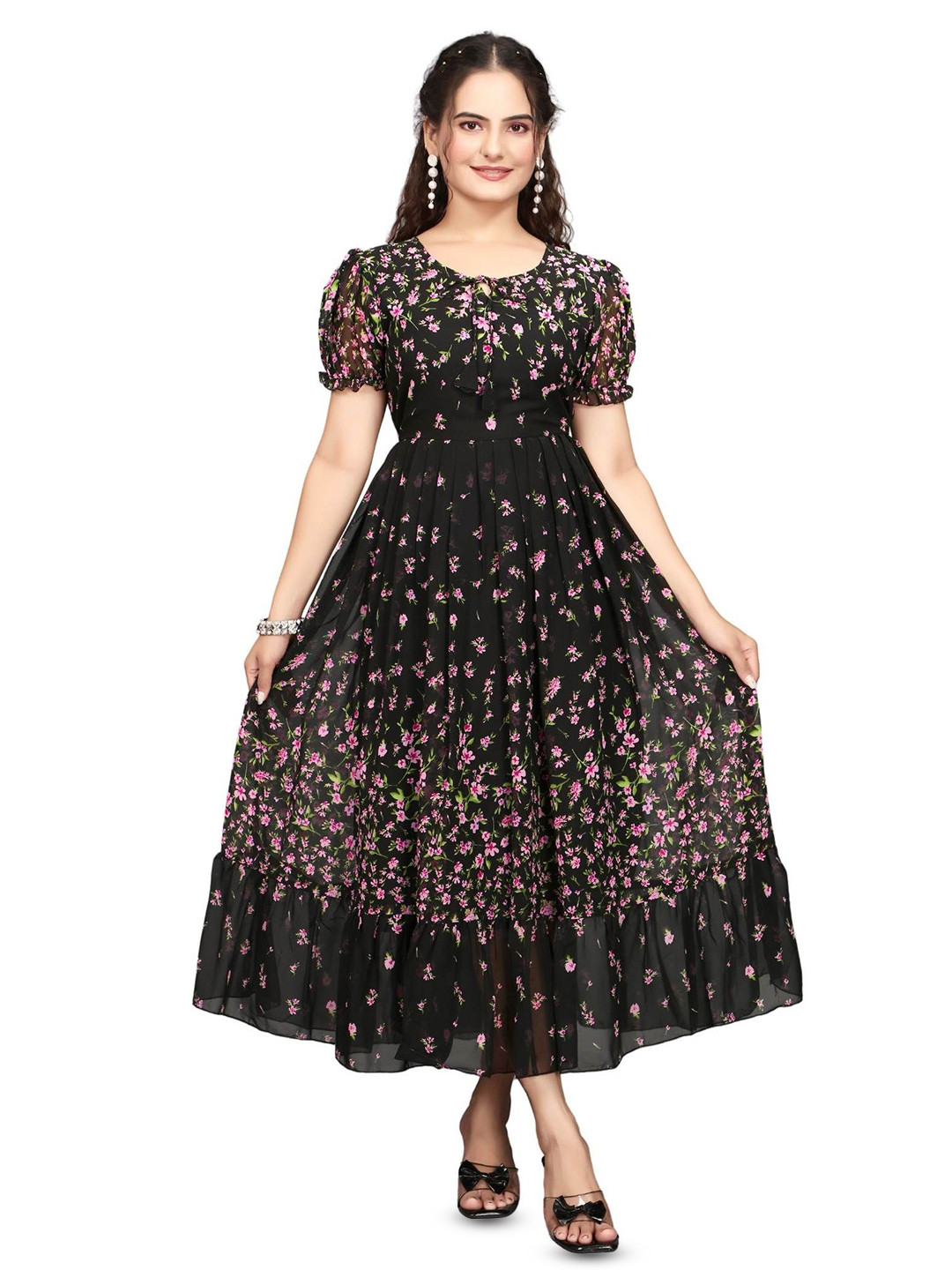 QENA Printed Puff Sleeve Georgette Fit & Flare Midi Dress
