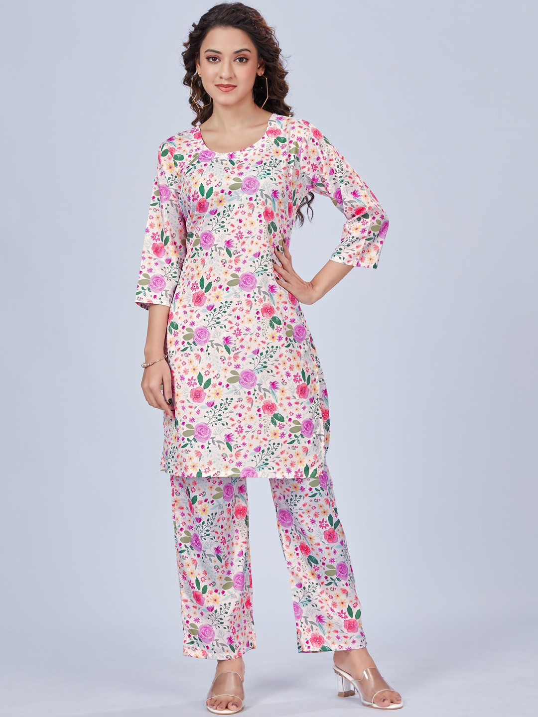 Moda Rapido Multi Colored Printed Round Neck Top With Trousers Co-Ords