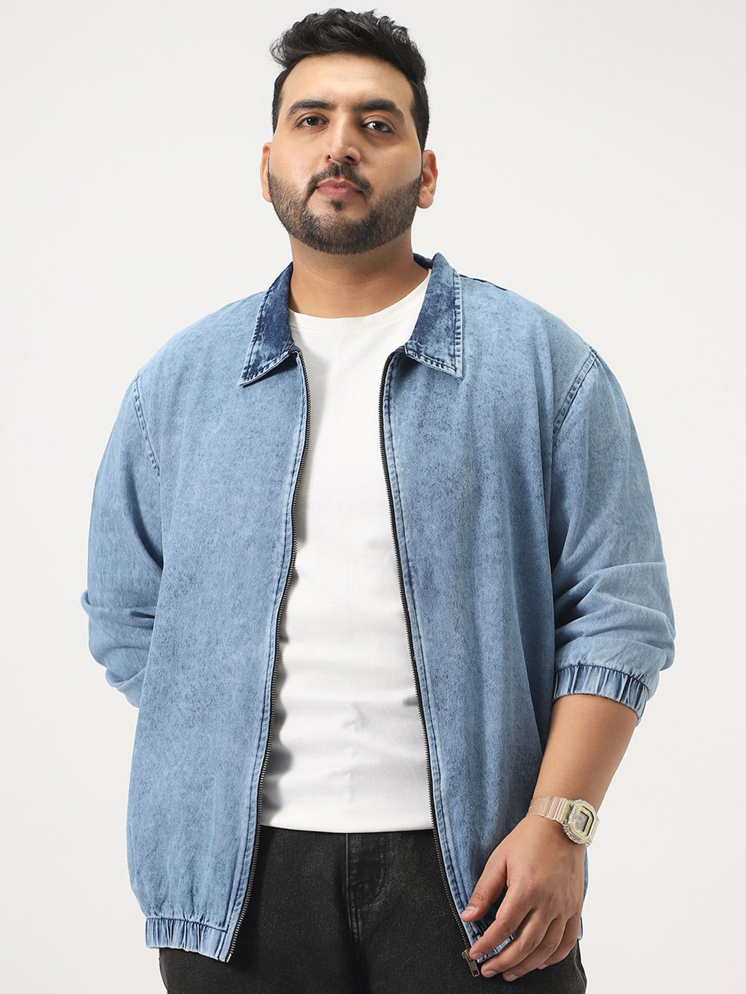 Urbano Plus Men Plus Size Light Blue Relaxed Fit Harrington Denim Jacket