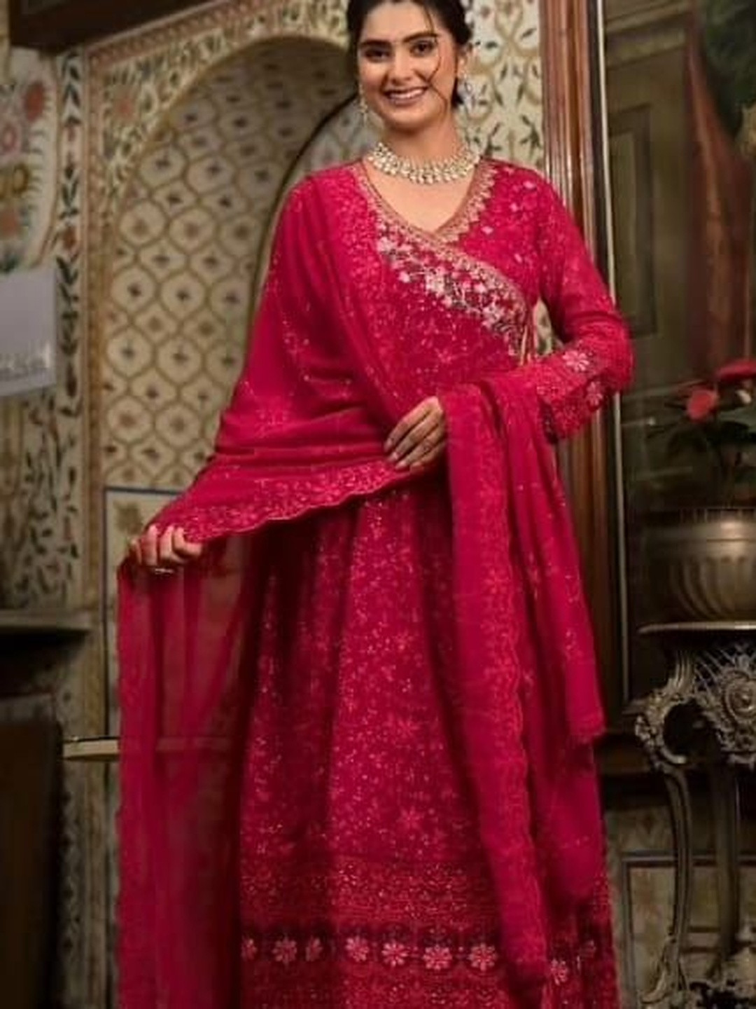 Parth Creations Women Ethnic Motifs Embroidered Angrakha Thread Work Kurta With Dupatta