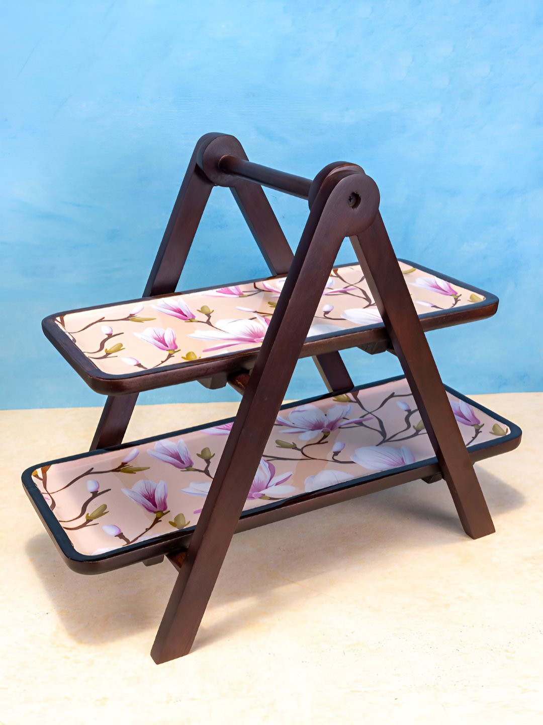 Ireka Homes Coffee Brown & Pink Wooden Collapsable Two-Tier Stand Food Platter
