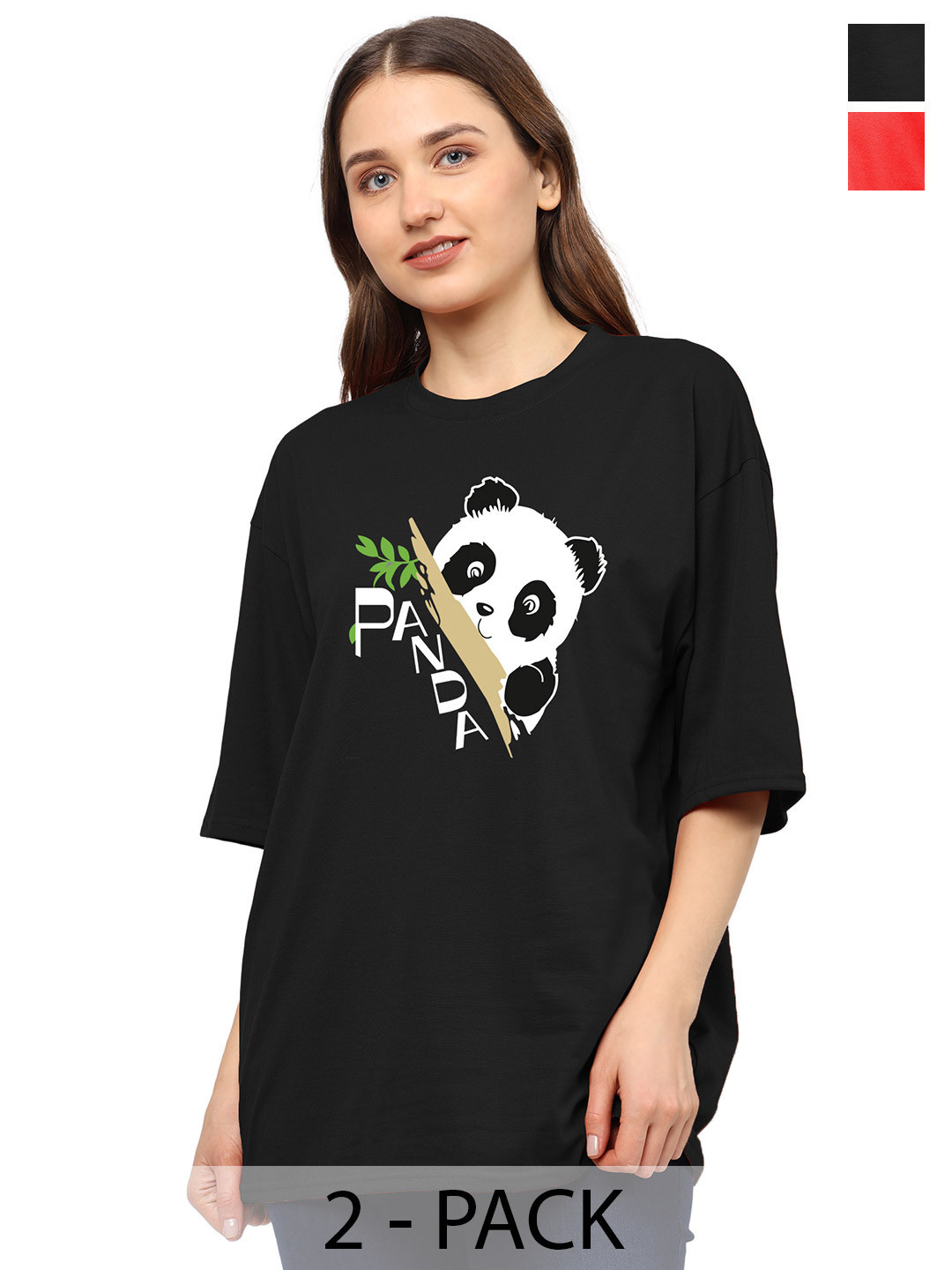 TQH Pack Of 2 Panda Printed Round Neck Drop-Shoulder Sleeves Oversized T-shirts
