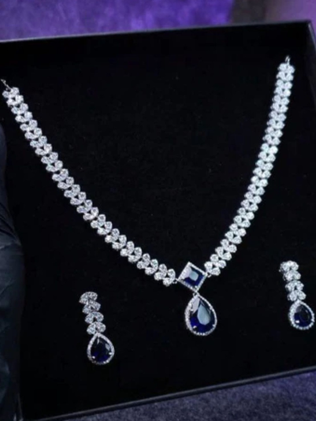 Zarkan Rhodium-Plated 925 Hallmark Sterling Silver American Diamond Studded Jewelry Set