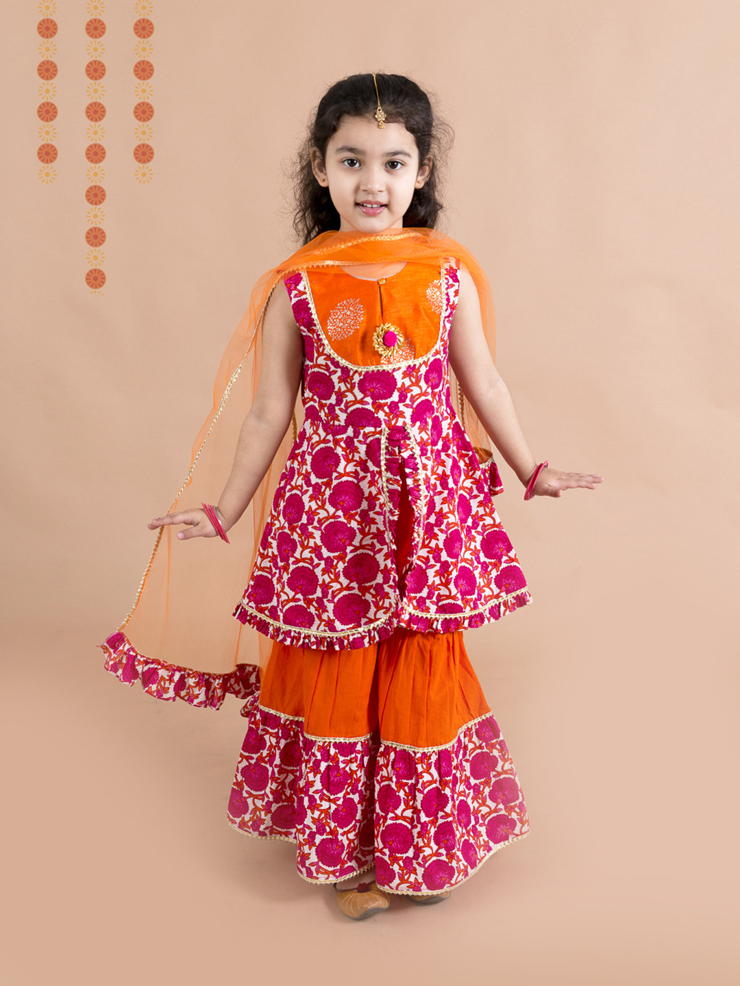 pspeaches Girls Magenta & Orange Printed Angrakha Cotton Kurta Set
