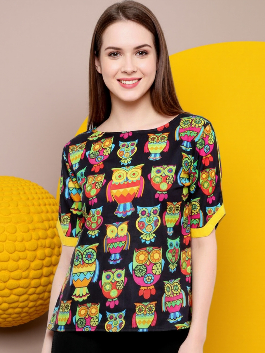 KYVO Black Graphic Printed Cotton Top