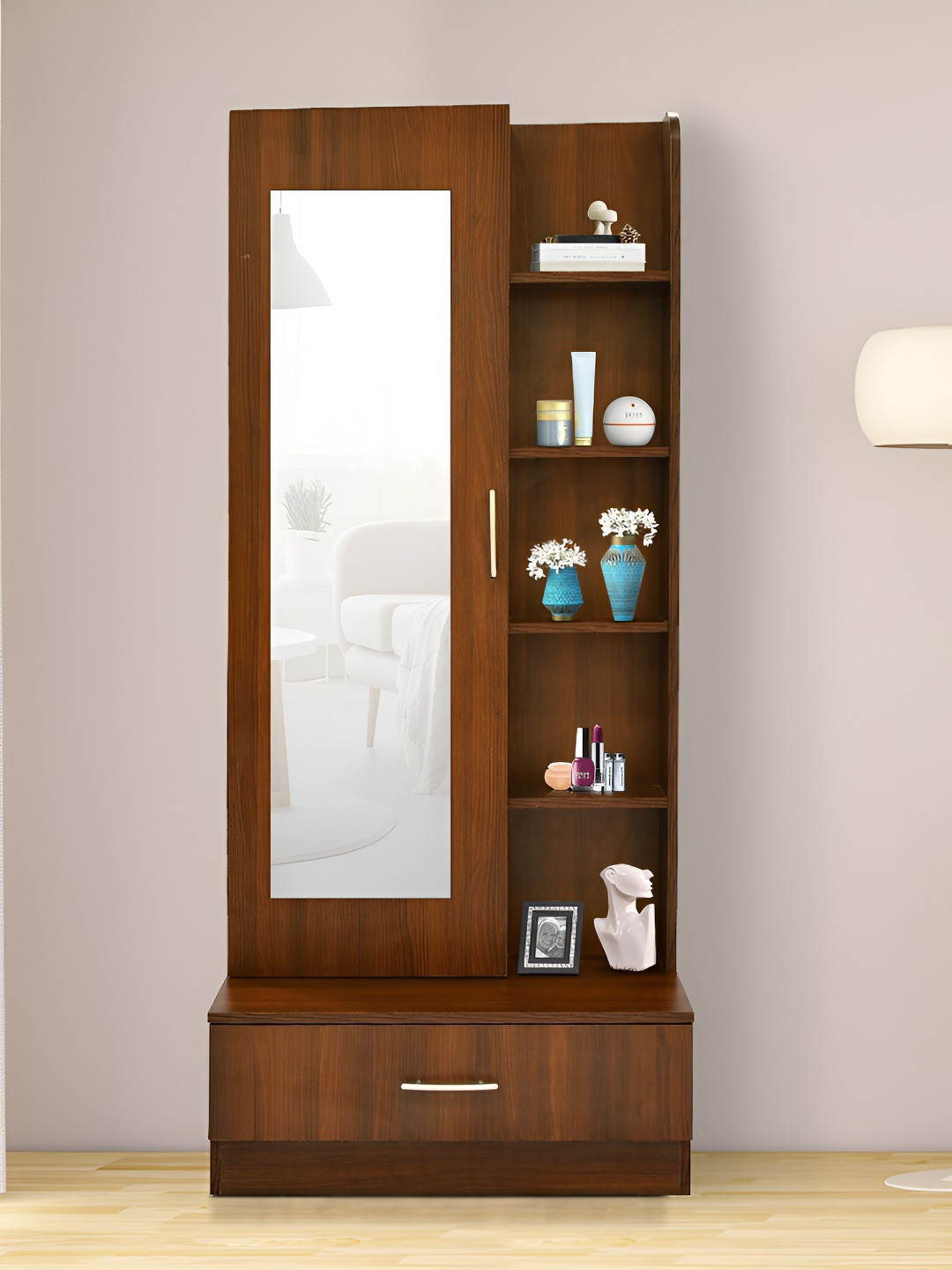 Outkraft Brown Wooden Framed Table Top Mirror