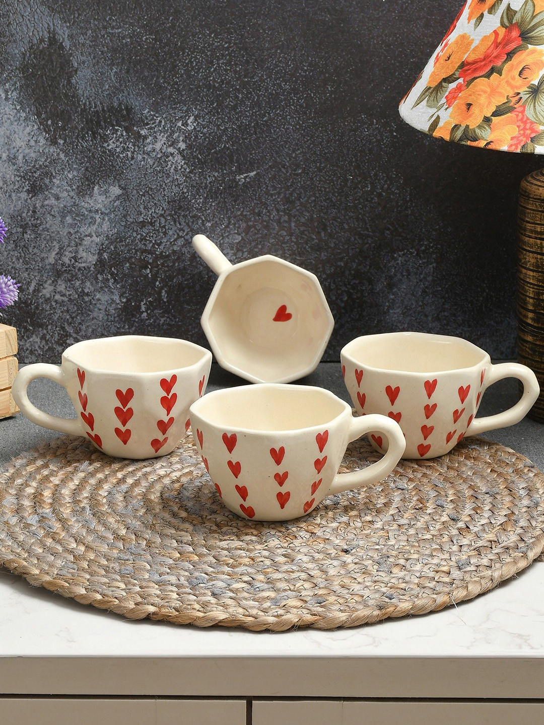 CLIO'S HERITAGE STORE White & Red Set of 4Printed Ceramic Glossy Mugs 180ml