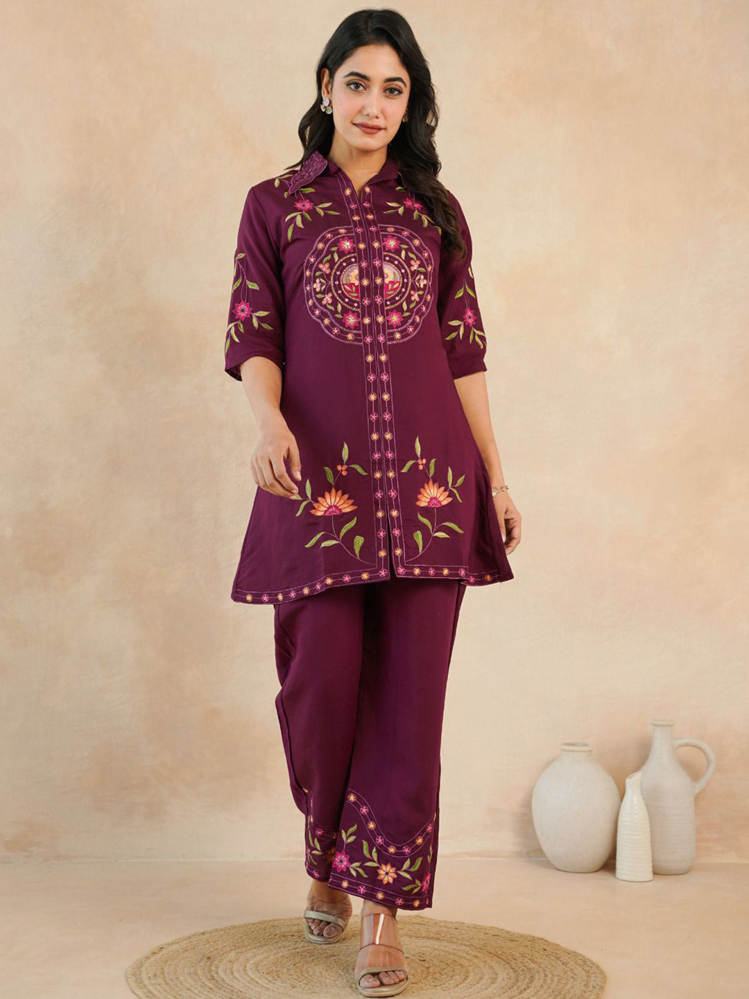 Zolo Label Floral Embroidered Shirt Collar Pure Silk Tunic Kurta With Trousers