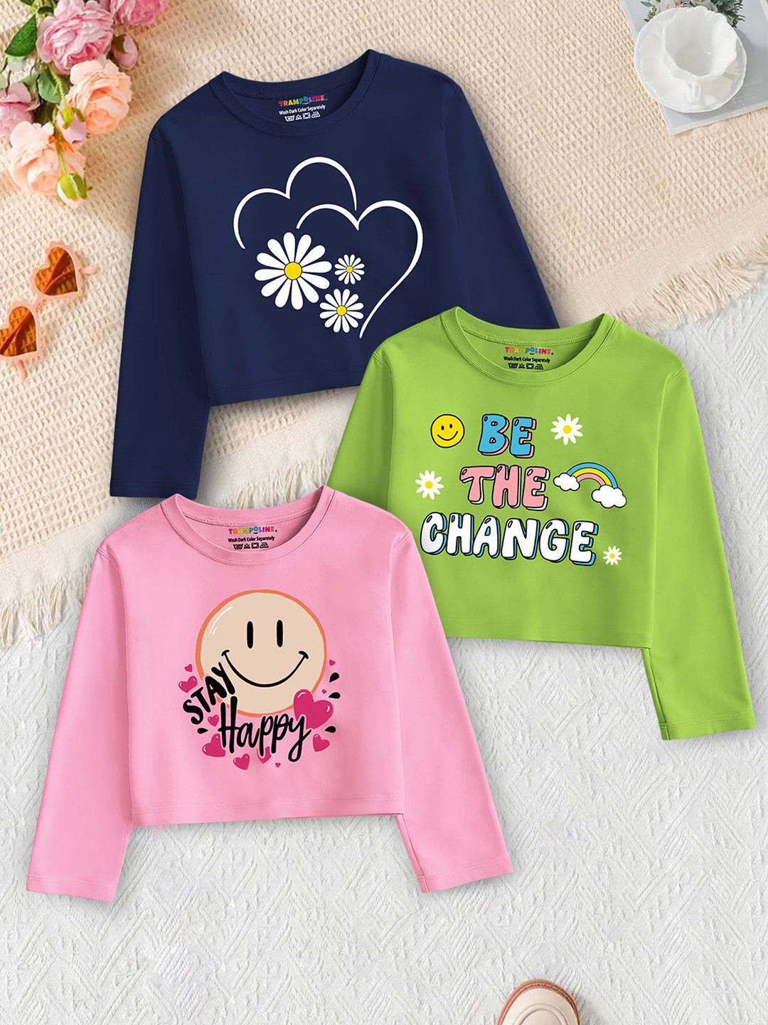 YK X Trampoline Girls Pack of 3 Graphic Printed Full Sleeve Cotton Crop Top