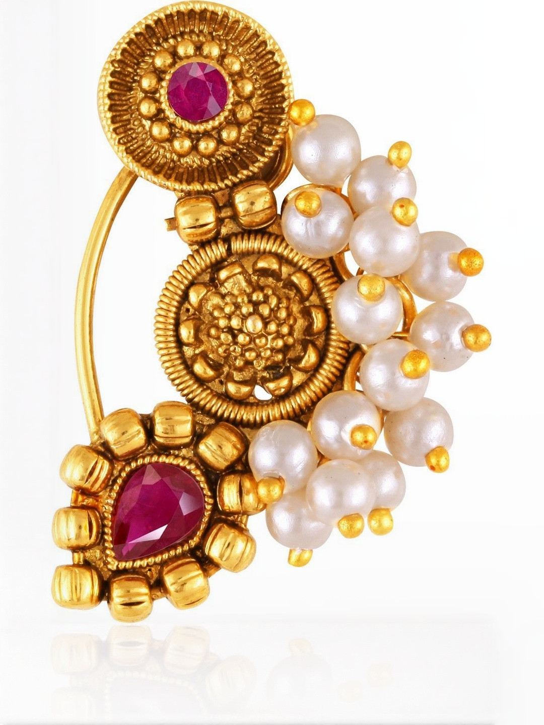 VIVASTRI Gold-Plated Cubic Zirconia Studded & Beaded Nath Nose Pin