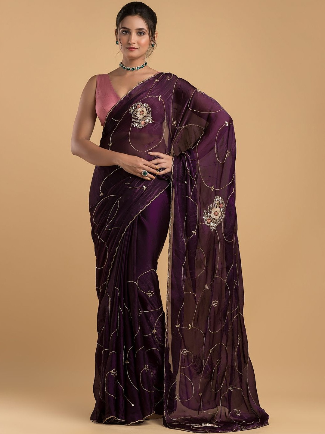 Silk Petalss Ethnic Motifs Embellished Zardozi Work Satin Saree