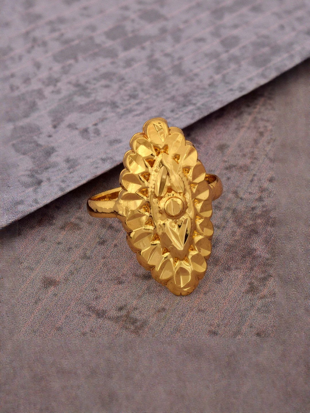 Brass 24KT yellow Gold plated, filigree, long boat design (Marquoise shape), finger ring