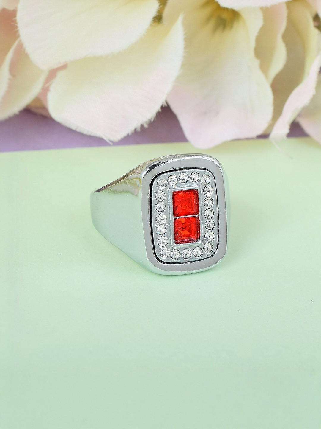 Stainless Steel Silverplated Faux Ruby & American Diamonds Heavy fingerring