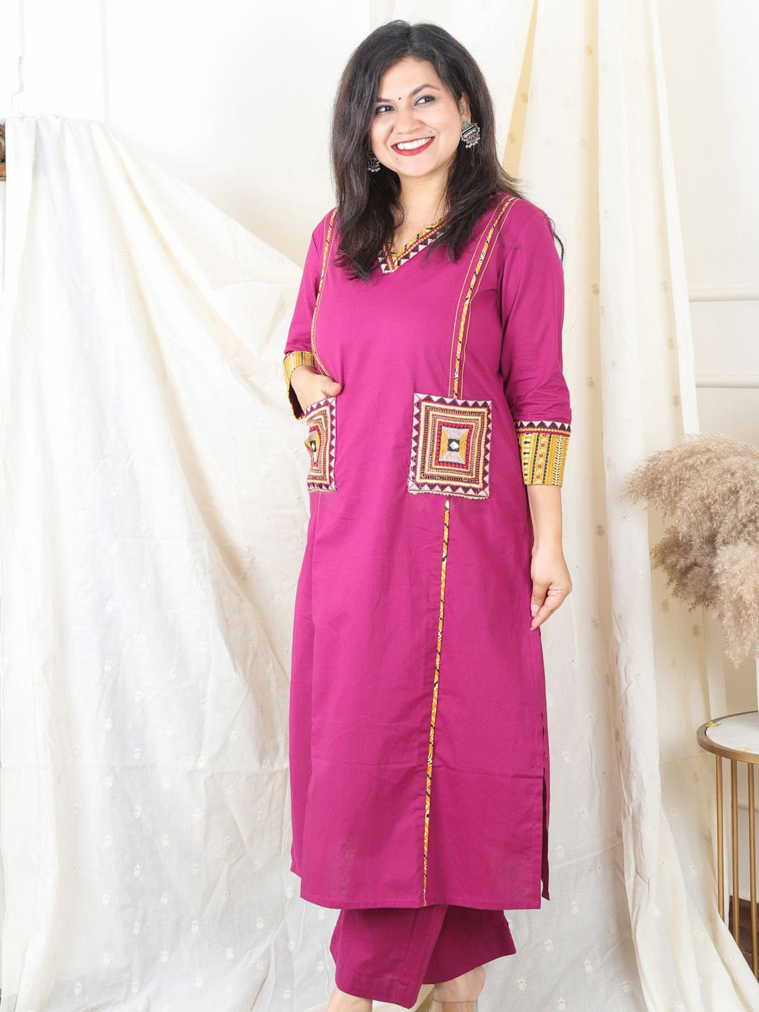 Desi Sandook V Neck Panel Style Pure Cotton Embroidered Kurta