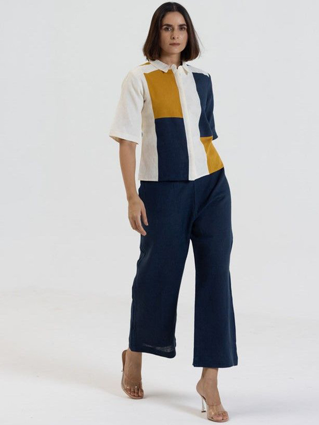 STYLESANG Colourblocked Pure Cotton Shirt & Trousers Co-Ords