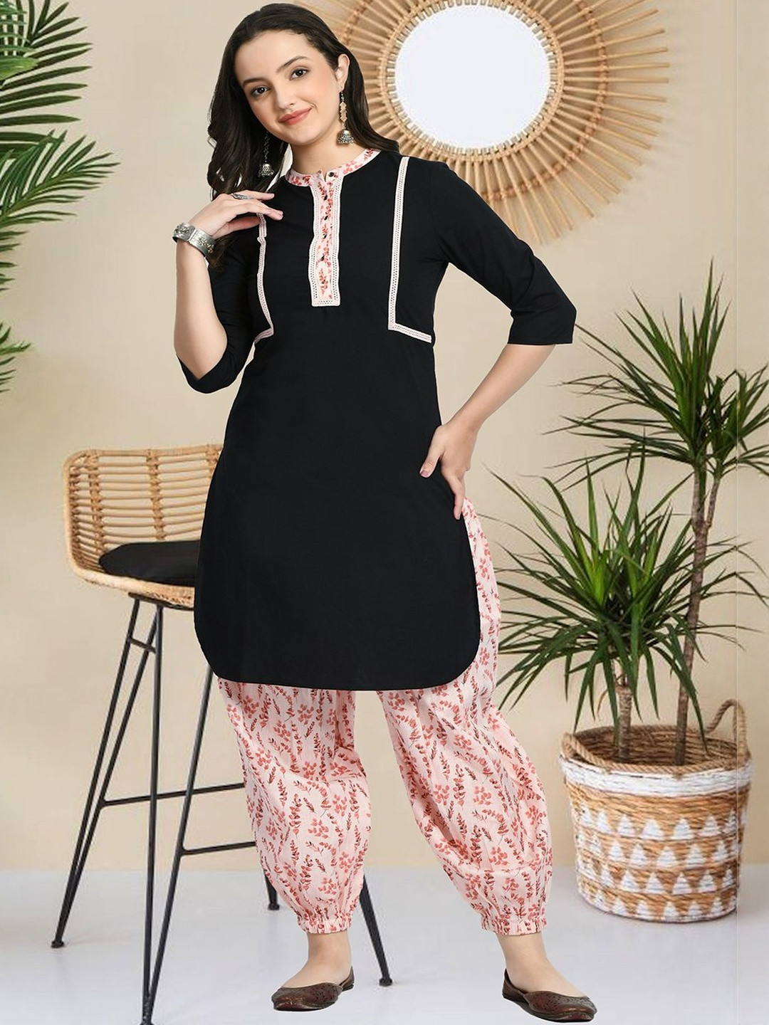 neel & ned Women Ethnic Motifs Printed Band Collar Pure Cotton Kurta with Dhoti Pants