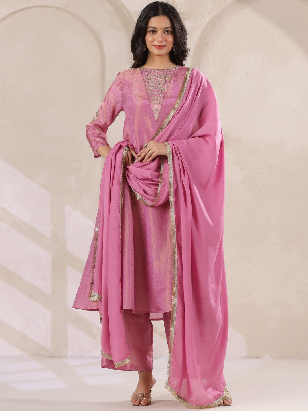 Sangria Paisley Embroidered Panelled Sequinned Tissue Kurta With Trousers & Dupatta