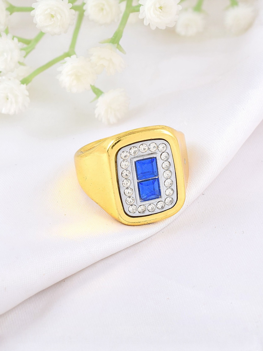 DZINETRENDZ Gold-Plated Pure Brass Sapphire Finger Ring