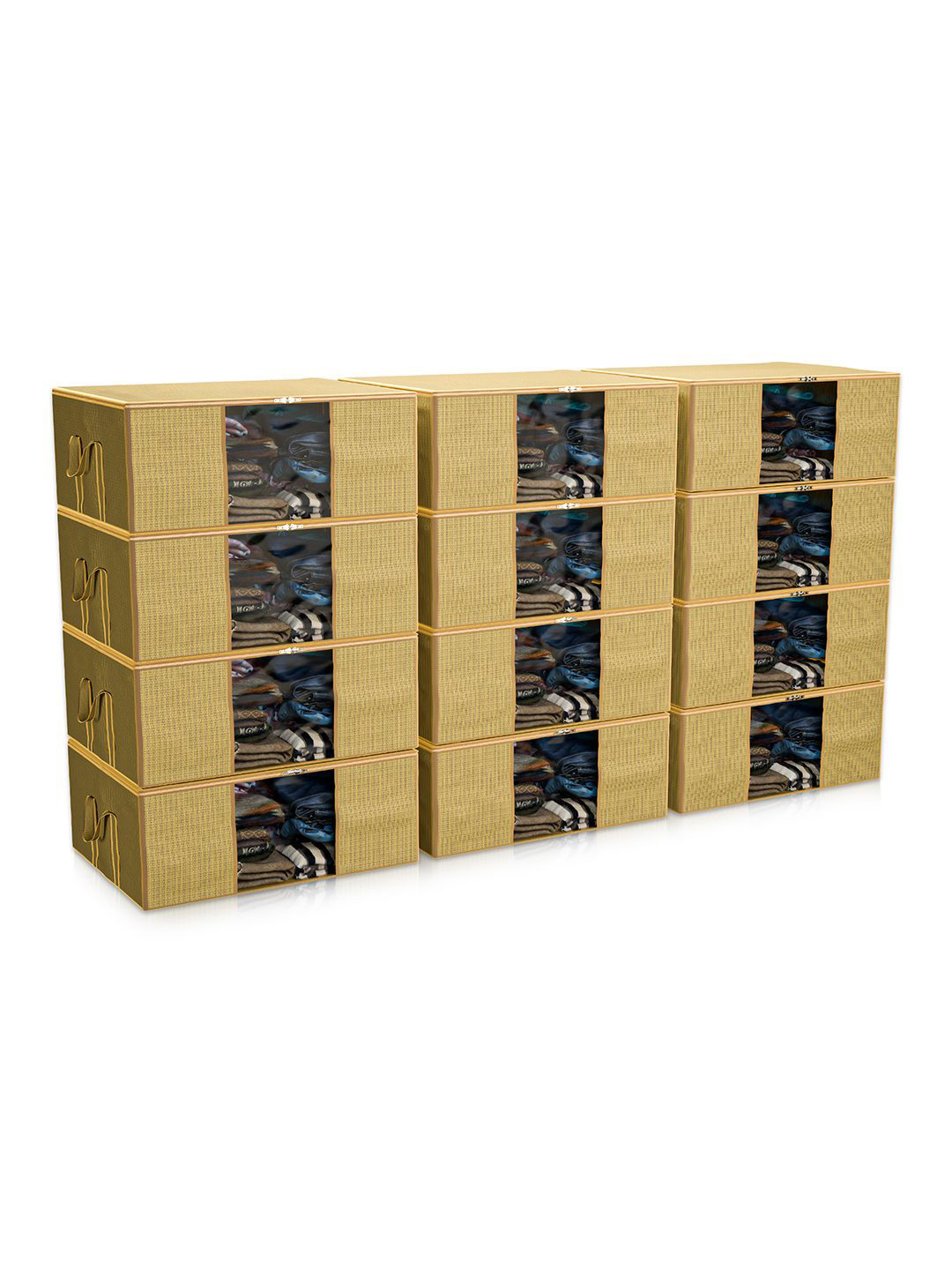 Kuber Industries Gold-Toned & Transparent 12 Pieces Blanket Covers Organisers With Zip