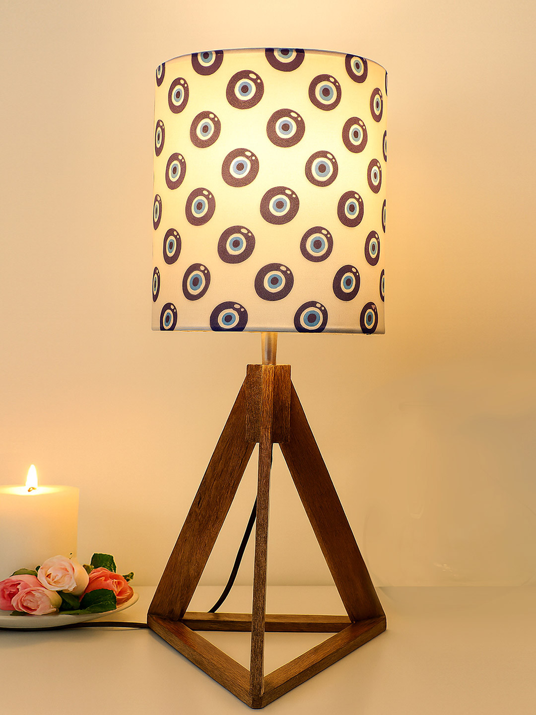 Homesake White & Blue Printed Triangle Wooden Table Lamp