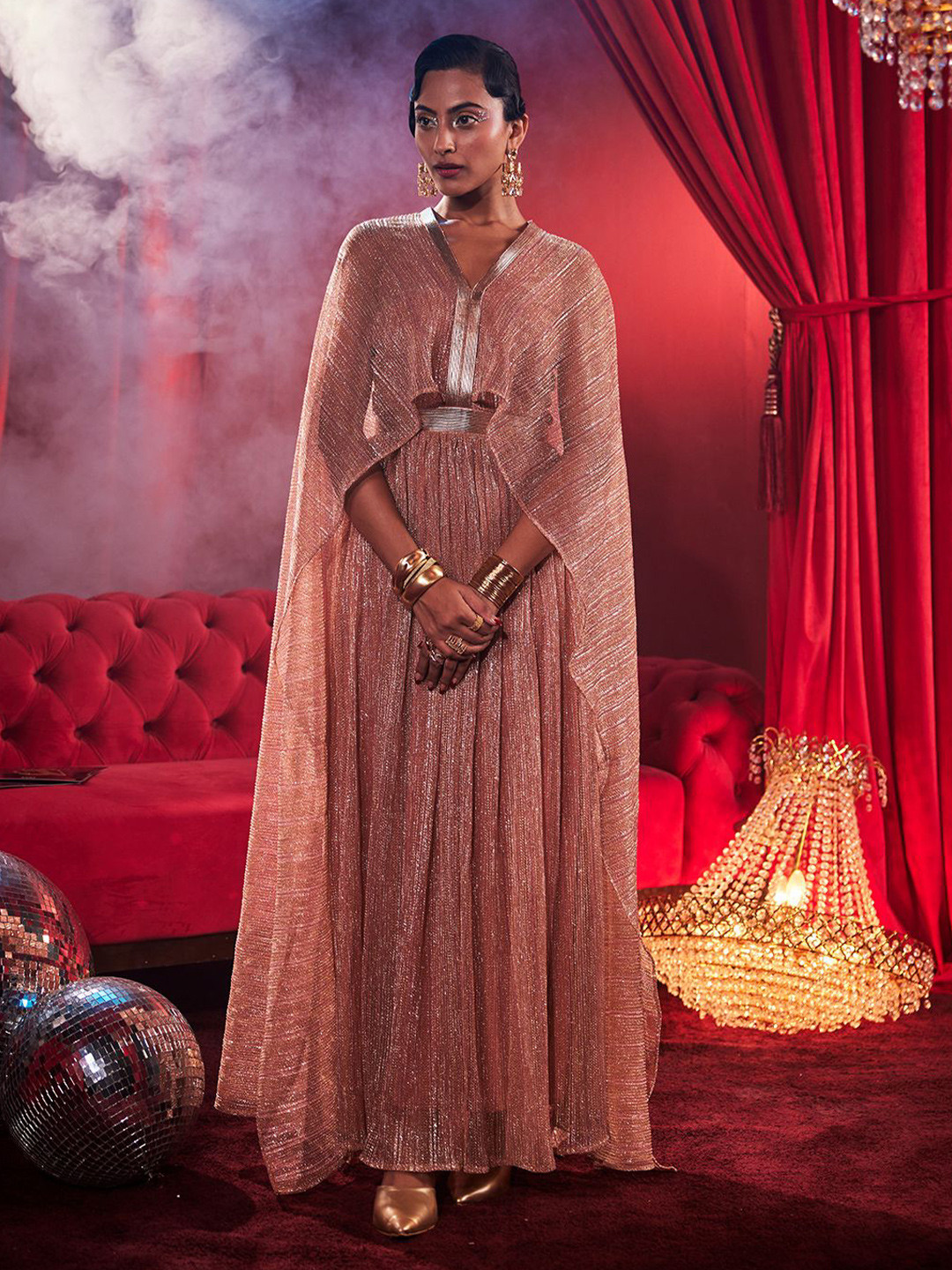 HOUSE OF FETT Queen Of Hearts Women Metallic Cape Sleeve Gown Maxi Dress