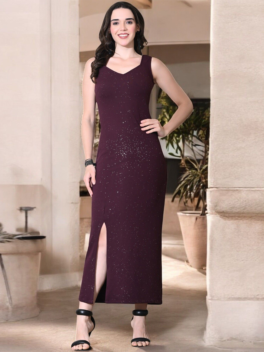 Maroon Embellished Sleeveless Maxi Dress