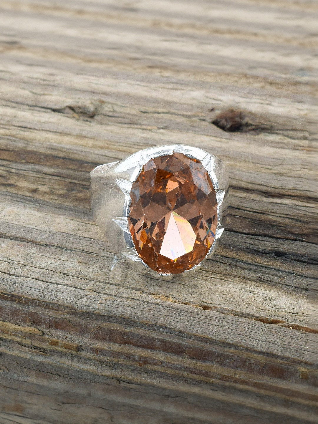 DZINETRENDZ Silver-Plated Super Heavy and Tough Peach Quartz Brass Finger ring