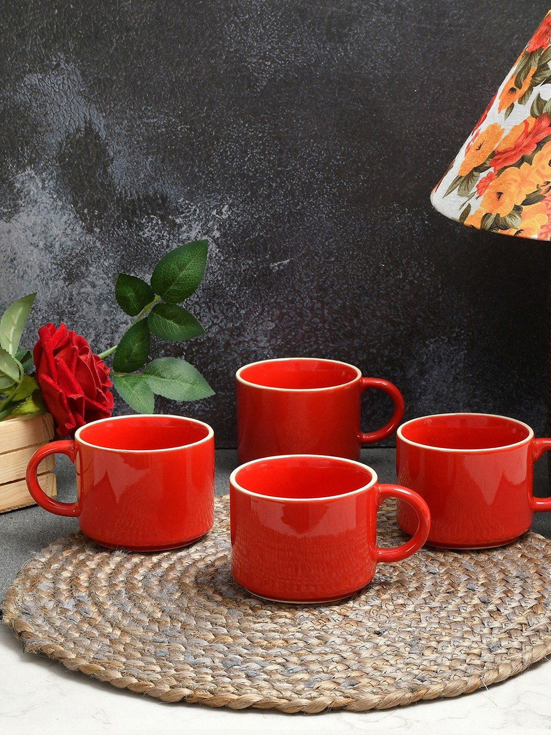 CLIO'S HERITAGE STORE Blood Red Set of 4 Ceramic Glossy Mugs 350ml