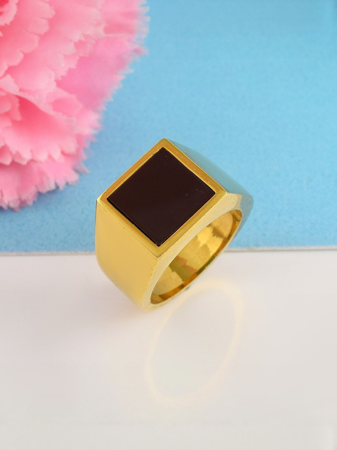 Brass Goldplated Flat sheet Black Onyx Signet Fashion Fingerring