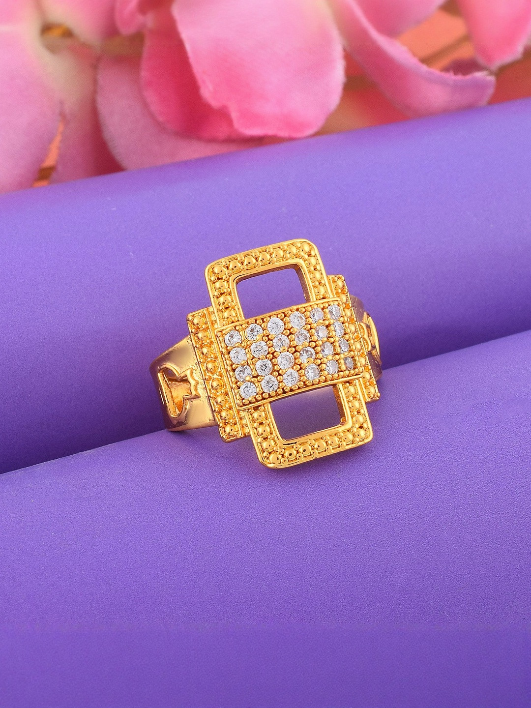 DZINETRENDZ Women Brass Goldplated Imitation Dimaond Luxe Fashion Stylish Fingerring