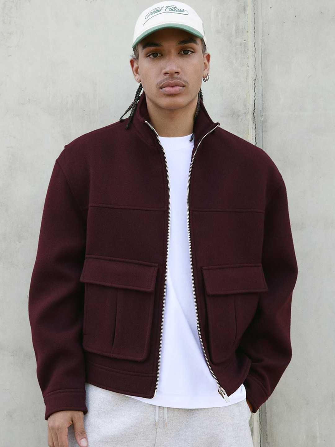 Bershka Mandarin Collar Texture Tailored Jacket With Zip Detail