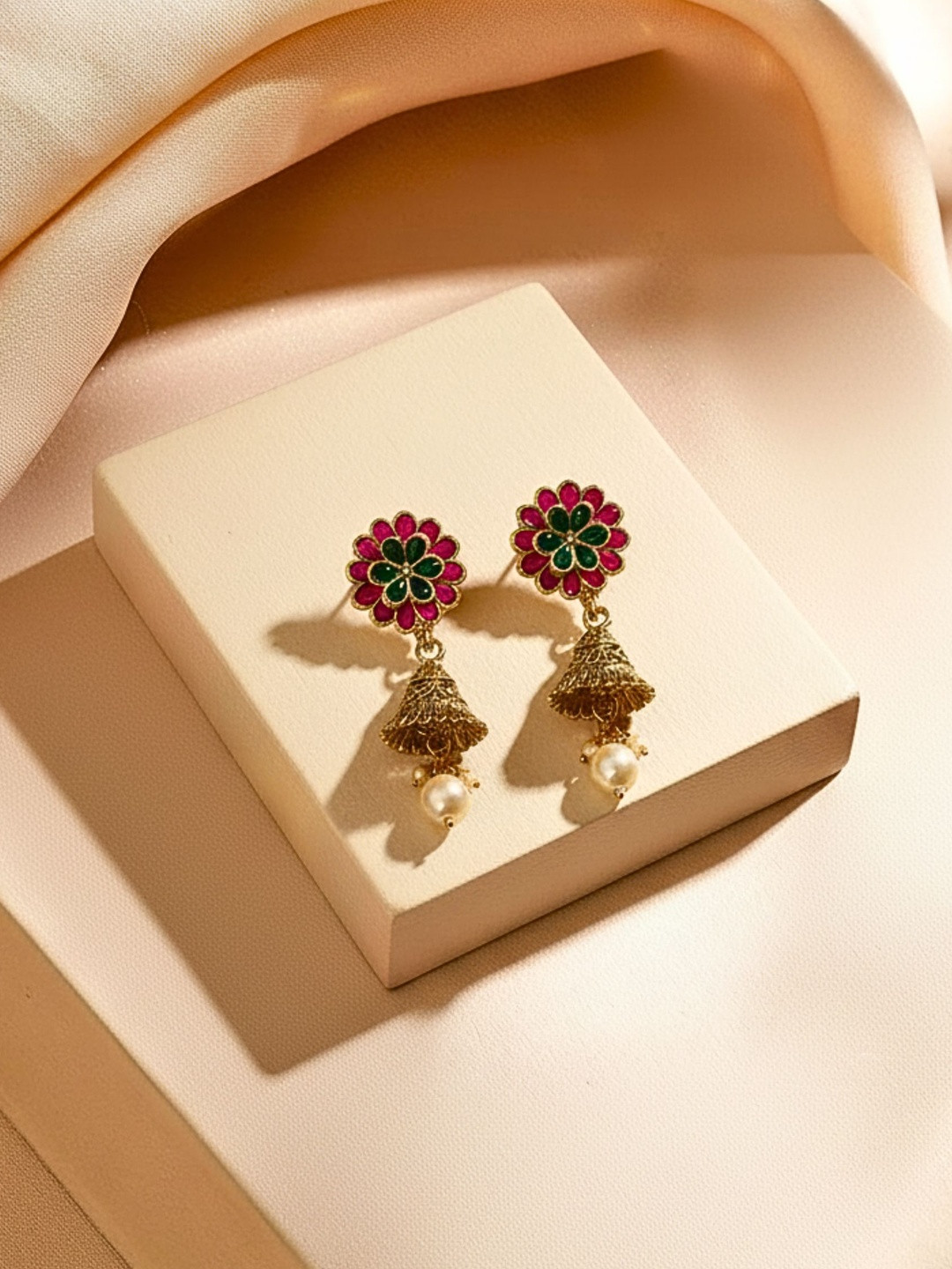 MANSIYAORANGE Gold-Plated Kempu Stones Studded Dome Shaped Jhumkas